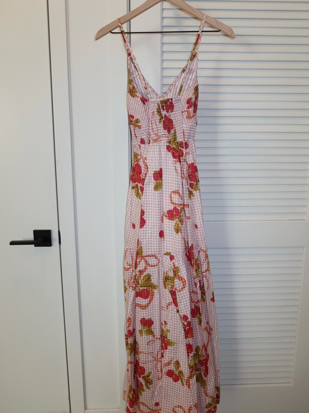 Kimchi Blue Pink Gingham Maxi Dress with Strawberry Floral Print - Picture 5 of 6